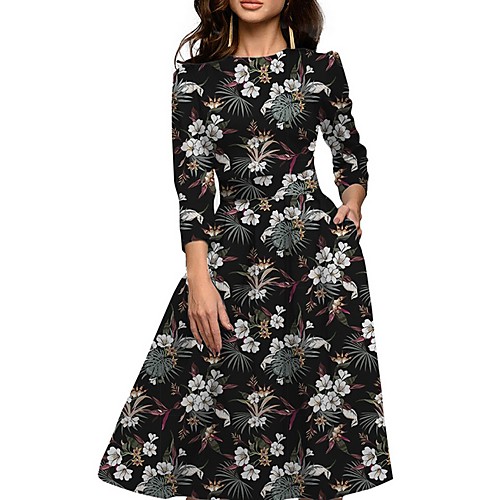 

Women's Black Dress A Line Swing Floral Pocket S M