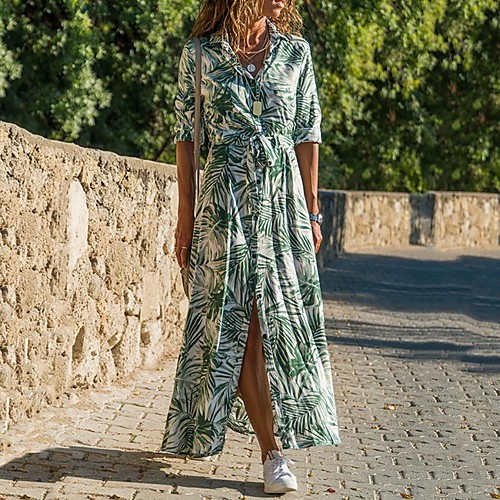 

Women's Maxi Orange Green Dress A Line Print Shirt Collar S M