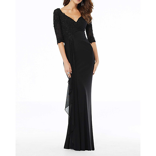 

Sheath / Column V Neck Sweep / Brush Train Polyester Elegant / Black Wedding Guest / Formal Evening Dress with Beading / Draping / Appliques 2020