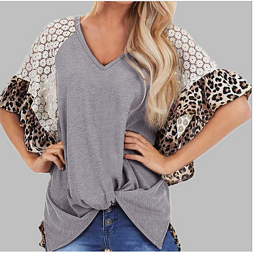 

Women's Daily Casual Cotton T-shirt - Color Block / Leopard Print Green / Lace / Summer / Batwing Sleeve