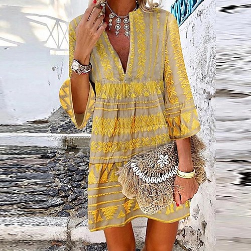 

Women's Yellow Orange Dress Shift Print V Neck S M