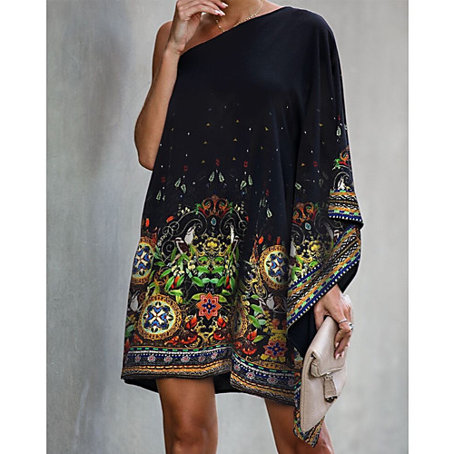 

Women's Brown Black Dress Loose Print One Shoulder S M Loose