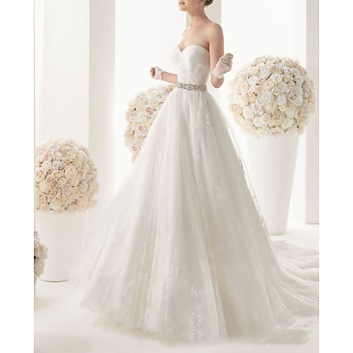 

A-Line Jewel Neck Sweep / Brush Train Lace Half Sleeve Formal Wedding Dresses with Sashes / Ribbons / Embroidery 2020