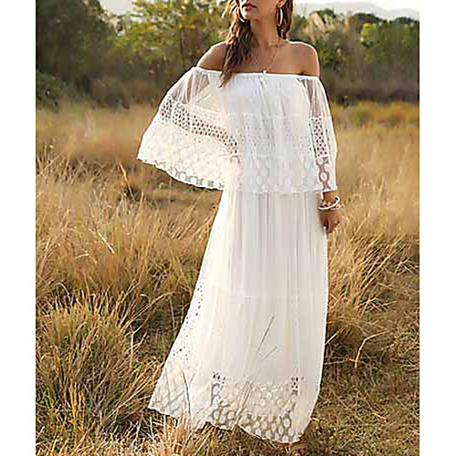 

Women's Maxi White Dress Summer Holiday Beach A Line Solid Color Off Shoulder Ruffle S M / Lace