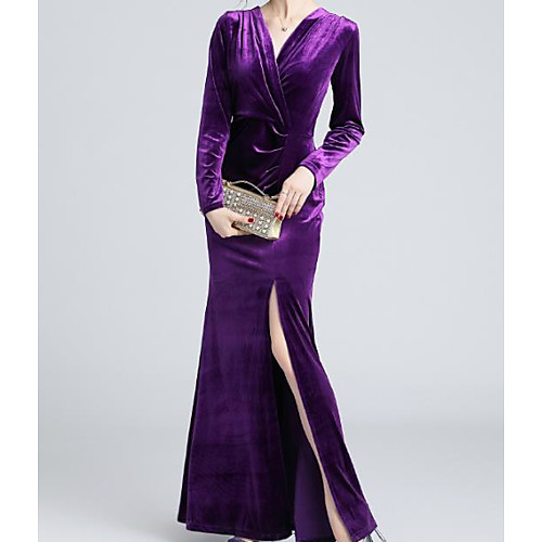 

Women's Maxi Wine Purple Dress Bodycon Solid Color V Neck S M