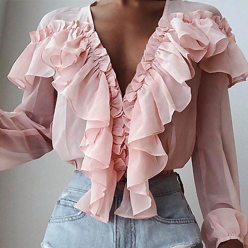 

Women's Daily Vacation Shirt - Solid Colored Ruffle V Neck Blushing Pink