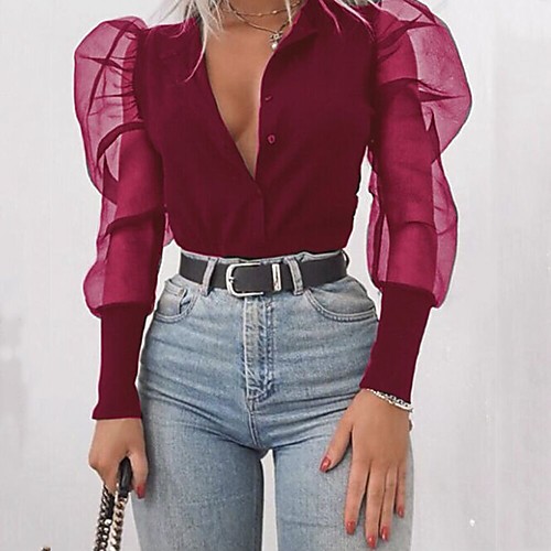 

Women's Solid Colored Blouse Daily V Neck Wine / White / Black / Purple