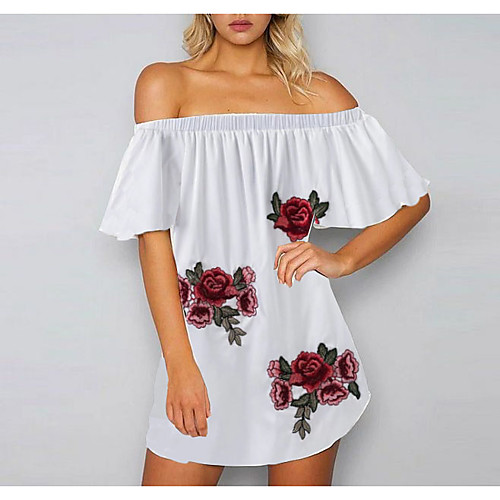 

Women's White Black Dress Loose Floral Off Shoulder S M Loose / Cotton