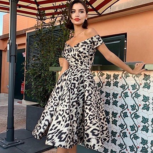 

Women's Brown Dress A Line Leopard Off Shoulder S M