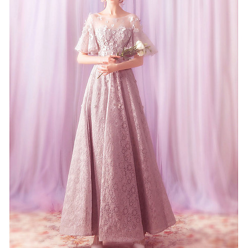 

A-Line Jewel Neck Floor Length Lace / Tulle Bridesmaid Dress with Appliques