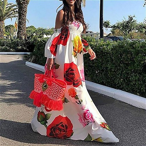 

Women's Maxi White Black Dress Holiday Vacation Beach Swing Floral Off Shoulder S M