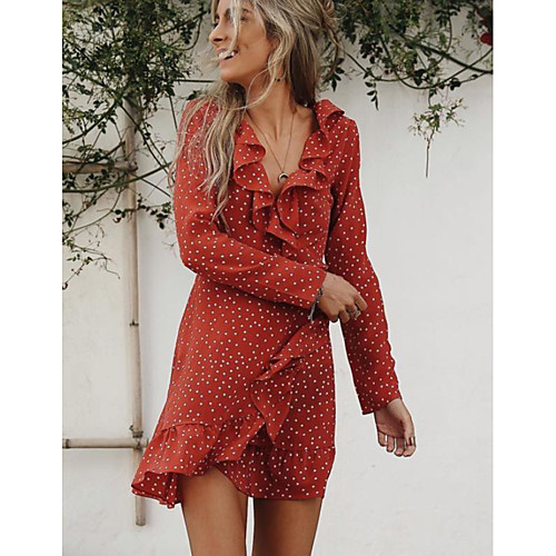 

Women's Red Blue Dress Sheath Polka Dot V Neck S M Slim