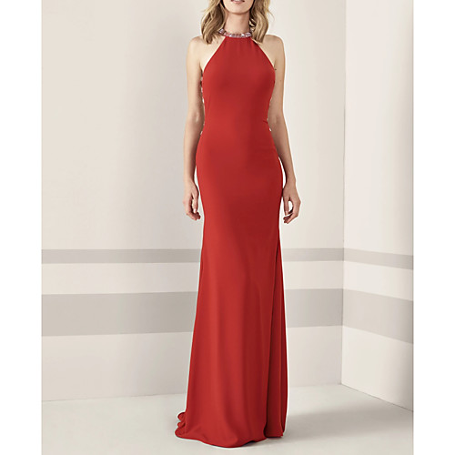 

Sheath / Column Halter Neck Sweep / Brush Train Chiffon Elegant / Red Engagement / Prom Dress with Sleek / Beading 2020