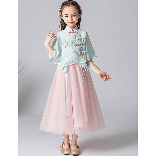 

A-Line Tea Length Pageant Dresses - Tulle Half Sleeve High Neck with Belt / Appliques