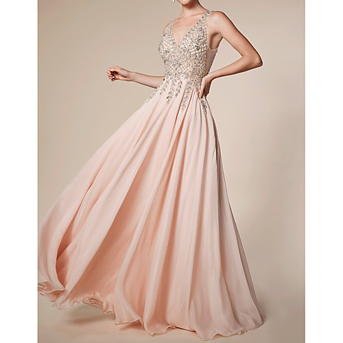 

A-Line V Neck Floor Length Chiffon Empire / Pink Engagement / Prom Dress with Beading / Sequin / Appliques 2020