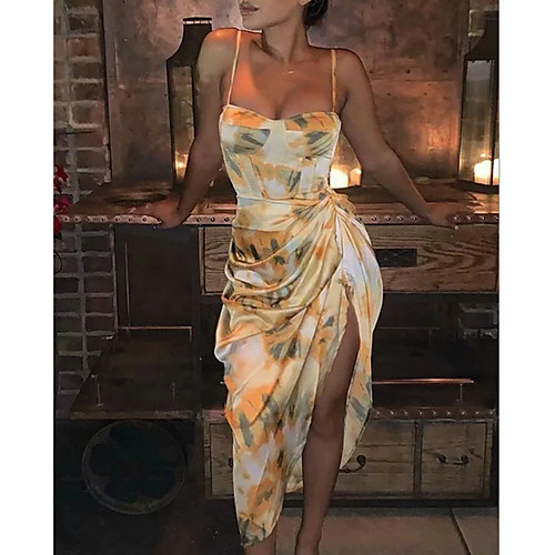 

Women's Yellow Dress Sheath Print Strap S M