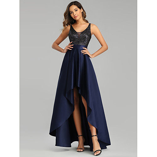 

A-Line V Neck Asymmetrical Polyester / Satin Sexy / Blue Prom / Formal Evening Dress with Sequin 2020