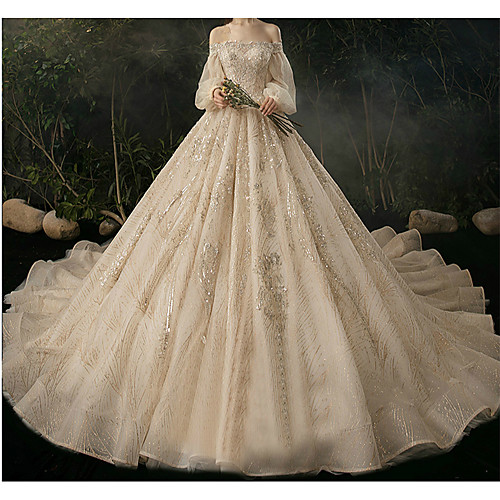 

Ball Gown Sweetheart Neckline Watteau Train Lace Long Sleeve Formal Wedding Dress in Color Wedding Dresses with 2020