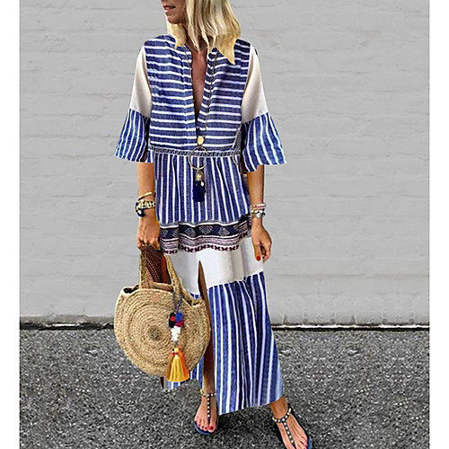 

Women's Maxi Blue Dress Shift Striped V Neck S M Loose