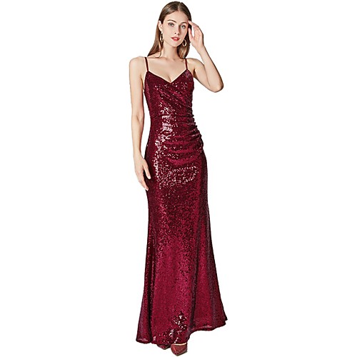 

Sheath / Column Spaghetti Strap Floor Length Tulle / Sequined Sparkle / Red Prom / Formal Evening Dress with Sequin 2020