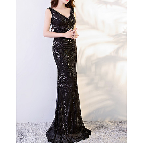 

Sheath / Column V Neck Sweep / Brush Train Polyester Sexy / Black Engagement / Formal Evening Dress with Sequin / Appliques 2020