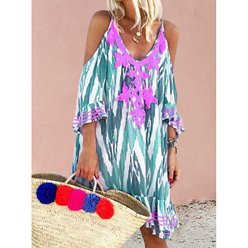 

Women's Purple Green Dress Shift Print Strap S M Loose