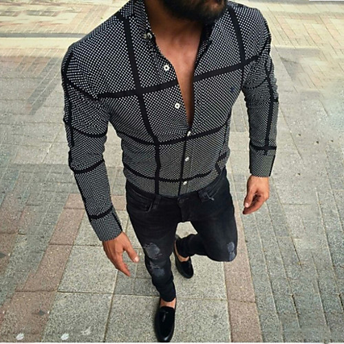 

Men's Daily Shirt - Striped / Plaid Print Button Down Collar Black / Long Sleeve / Spring / Fall