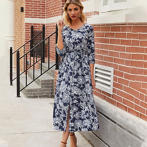 

Women's Navy Blue Dress A Line Floral V Neck S M