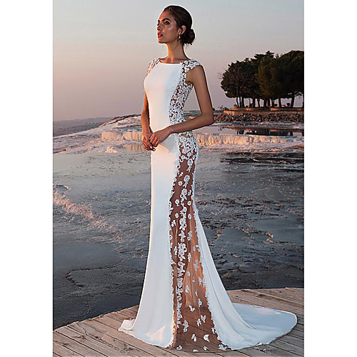 

Mermaid / Trumpet Jewel Neck Sweep / Brush Train Polyester Sexy / White Engagement / Formal Evening Dress with Appliques 2020