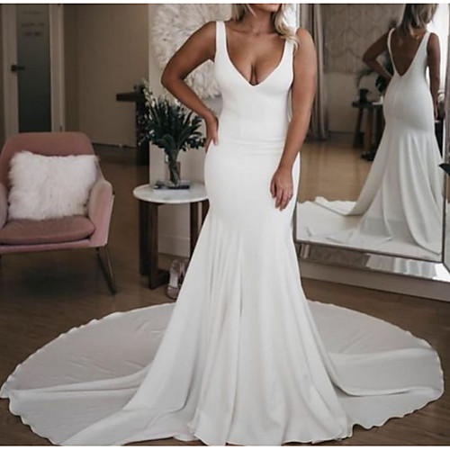 

Mermaid / Trumpet Plunging Neck Court Train Stretch Satin Sleeveless Sexy Plus Size Wedding Dresses with Draping 2020