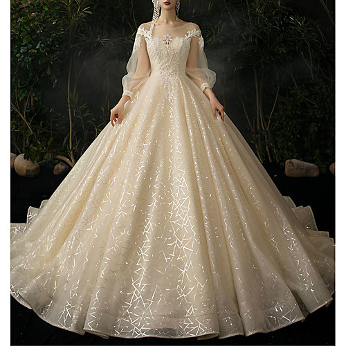 

Ball Gown Jewel Neck Watteau Train Lace / Tulle Long Sleeve Formal Wedding Dress in Color Wedding Dresses with 2020