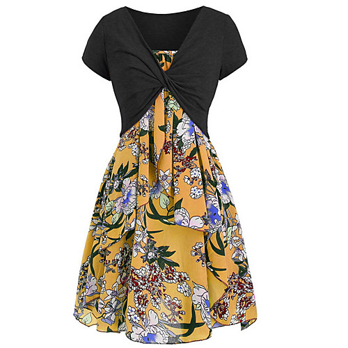 

Women's Yellow Blushing Pink Dress A Line Print V Neck S M