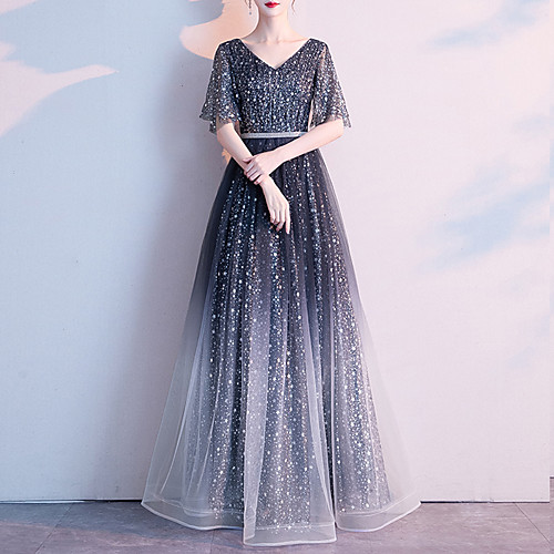 

A-Line V Neck Floor Length Tulle Color Block / Black Engagement / Formal Evening Dress with Sequin 2020