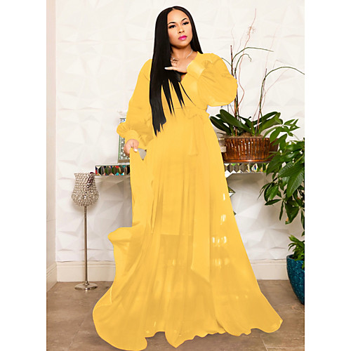

Women's Maxi Yellow Fuchsia Dress Swing Solid Color Deep V S M