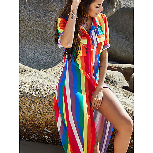 

Women's Maxi Rainbow Dress Casual Beach Shirt Rainbow Shirt Collar Basic M L Slim / Belt Not Included