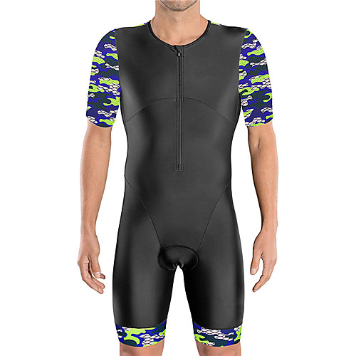 

21Grams Men's Short Sleeve Triathlon Tri Suit Black / Blue Camo / Camouflage Bike Clothing Suit UV Resistant Breathable 3D Pad Quick Dry Sweat-wicking Sports Solid Color Mountain Bike MTB Road Bike