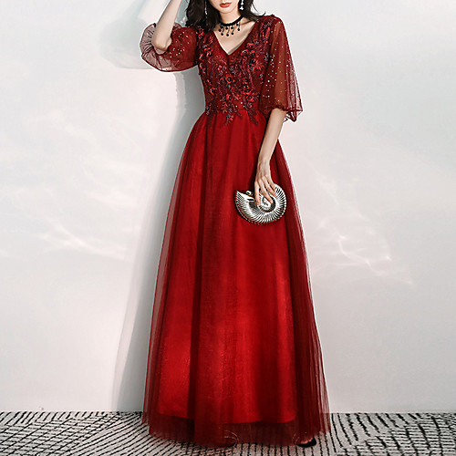 

A-Line V Neck Floor Length Tulle Glittering / Red Prom / Formal Evening Dress with Appliques 2020