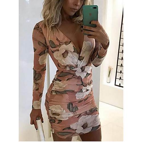 

Women's Blushing Pink Dress Sheath Floral Deep V S M Slim