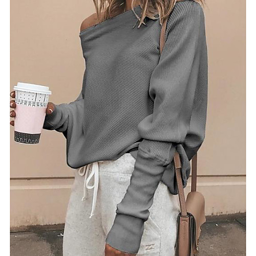 

Women's Solid Colored Long Sleeve Pullover Sweater Jumper, Slash Neck Black / White / Red M / L / XL