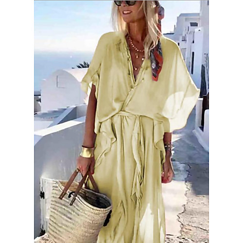 

Women's Maxi Yellow Blushing Pink Dress Boho Swing Solid Colored V Neck S M