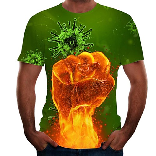 

Men's Daily Going out Basic / Street chic T-shirt - Color Block / Flame / Simulation Print Green