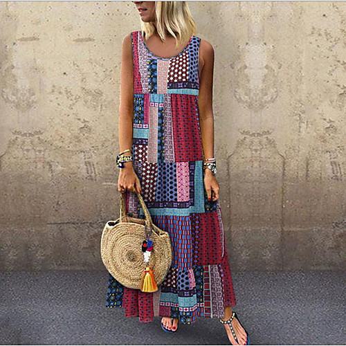 

Women's Maxi Red Green Dress Shift Color Block S M Loose