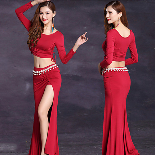 

Women's Dancer Belly Dance Party Costume Tassel Sequins Modal Burgundy Black Skirts Top