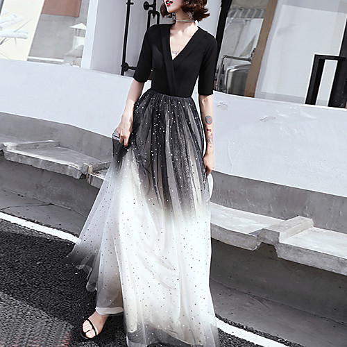 

A-Line V Neck Floor Length Spandex / Tulle Color Block / Black Formal Evening / Wedding Guest Dress with Sequin / Sash / Ribbon 2020