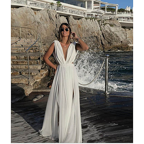 

Women's Maxi White Dress Swing Solid Color Deep V S M