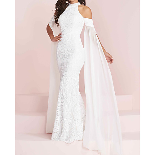 

Mermaid / Trumpet Halter Neck Floor Length Polyester Short Sleeve Country Plus Size Wedding Dresses with Appliques 2020