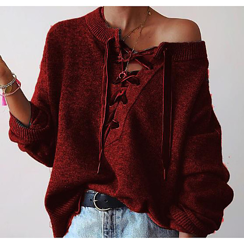 

Women's Solid Colored Long Sleeve Pullover Sweater Jumper, Slash Neck Brown / Green / Gray S / M / L
