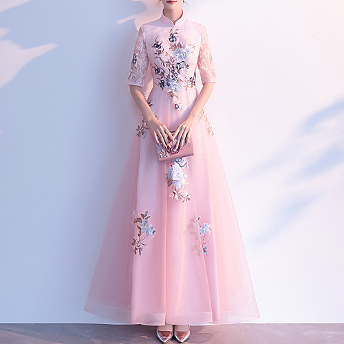 

A-Line Chinese Style Pink Prom Formal Evening Dress High Neck Half Sleeve Floor Length Tulle with Embroidery Appliques 2020