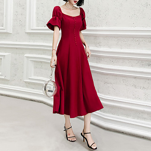 

A-Line Scoop Neck Tea Length Spandex Vintage / Red Party Wear / Cocktail Party Dress with Buttons 2020