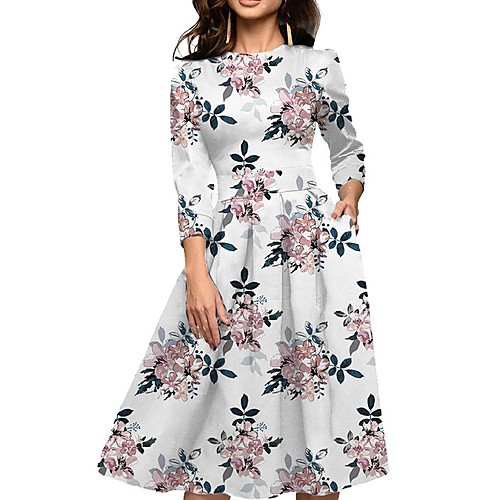 

Women's White Dress A Line Swing Floral Vintage Style Pocket S M